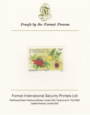 St Vincent - Grenadines 1985 Fruits & Blossoms 30c (Passion Fruit) imperf proof mounted on Format International proof card as SG 398