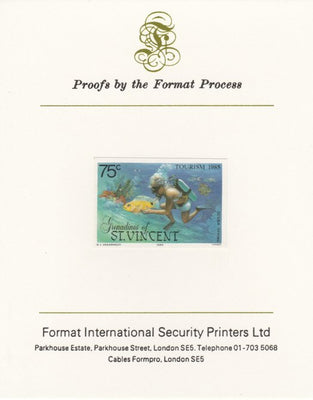 St Vincent - Grenadines 1985 Tourism Watersports 75c (Scuba Diving) imperf proof mounted on Format International proof card as SG 388
