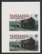 Tanzania 1986 Railways 5s (as SG 430) imperf proof pair with the unissued 'AMERIPEX '86' opt in silver inverted (some ink smudging) unmounted mint