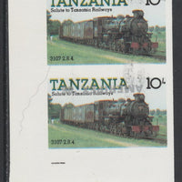 Tanzania 1986 Railways 10s (as SG 431) imperf proof pair with the unissued 'AMERIPEX '86' opt in silver inverted (some ink smudging) unmounted mint