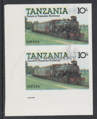 Tanzania 1986 Railways 10s (as SG 431) imperf proof pair with the unissued 'AMERIPEX '86' opt in silver inverted (some ink smudging) unmounted mint
