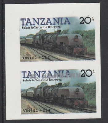 Tanzania 1986 Railways 20s (as SG 432) imperf proof pair with the unissued 'AMERIPEX '86' opt in silver inverted (some ink smudging) unmounted mint