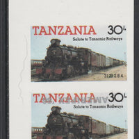 Tanzania 1986 Railways 30s (as SG 433) imperf proof pair with the unissued 'AMERIPEX '86' opt in silver inverted (some ink smudging) unmounted mint