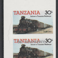 Tanzania 1986 Railways 30s (as SG 433) imperf proof pair with the unissued 'AMERIPEX '86' opt in silver inverted (some ink smudging) unmounted mint