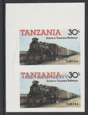 Tanzania 1986 Railways 30s (as SG 433) imperf proof pair with the unissued 'AMERIPEX '86' opt in silver inverted (some ink smudging) unmounted mint