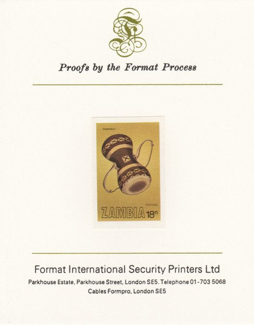 Zambia 1981 Musical Instruments 18n (Inshingili) imperf proof mounted on Format International proof card as SG 357