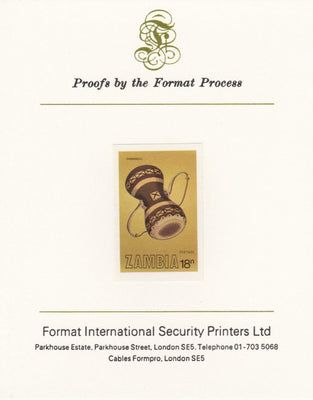 Zambia 1981 Musical Instruments 18n (Inshingili) imperf proof mounted on Format International proof card as SG 357