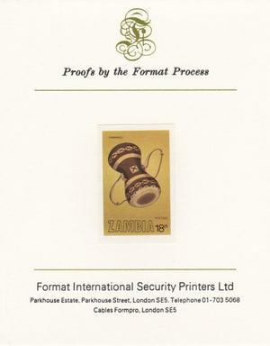 Zambia 1981 Musical Instruments 18n (Inshingili) imperf proof mounted on Format International proof card as SG 357
