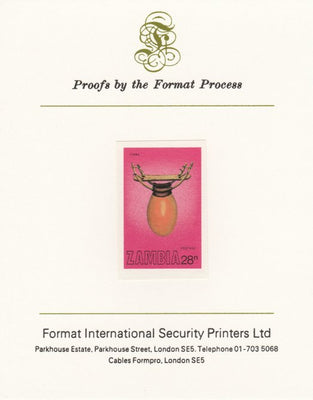 Zambia 1981 Musical Instruments 28n (Ilimba) imperf proof mounted on Format International proof card as SG 358
