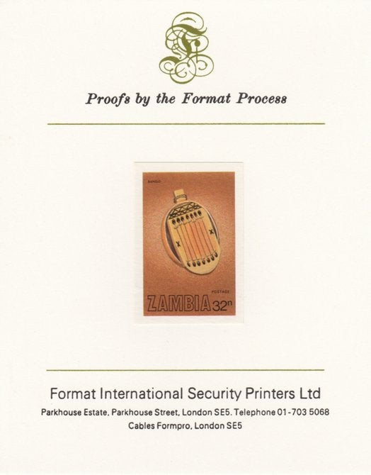 Zambia 1981 Musical Instruments 32n (Bango) imperf proof mounted on Format International proof card as SG 359