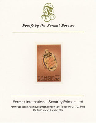 Zambia 1981 Musical Instruments 32n (Bango) imperf proof mounted on Format International proof card as SG 359