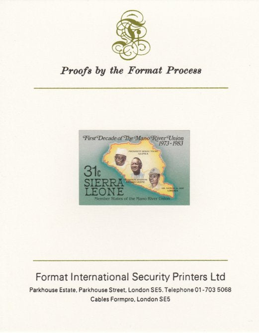 Sierra Leone 1984 Mano River 31c (Map & Presidents) imperf proof mounted on Format International proof card as SG 785