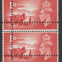 Great Britain 1948 Liberation of Channel Islands 1d scarlet vertical pair with perforations doubled (stamps are quartered) as SG C1.,Note: the stamps are genuine but the additional perfs are a slightly different gauge identifying it to be a forgery.