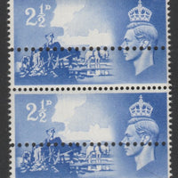 Great Britain 1948 Liberation of Channel Islands 2.5d ultramarine vertical pair with additional row of horizontal perfs as SG C2.,Note: the stamps are genuine but the additional perfs are a slightly different gauge identifying it to be a forgery.