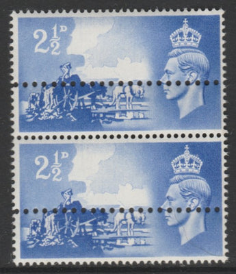 Great Britain 1948 Liberation of Channel Islands 2.5d ultramarine vertical pair with additional row of horizontal perfs as SG C2.,Note: the stamps are genuine but the additional perfs are a slightly different gauge identifying it to be a forgery.