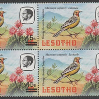 Lesotho 1986-88 Provisional surcharge 15s on 60s Cape Longclaw positional block of 4 showing 'incomplete s' on R5/4 unmounted mint SG 719avar