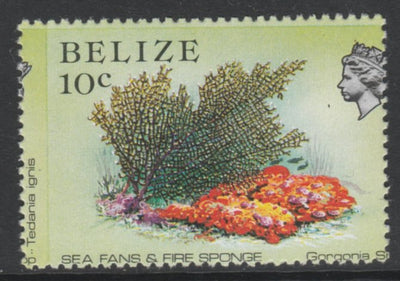 Belize 1984-88 Sea Fans & Fire Sponge 10c def with a fine 3.5mm shift of vert perfs (Queen's head is split and scientific name appears at left) unmounted mint as SG 772