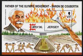 Jersey 1996 Sporting Anniversaries £1 m/sheet for Centenary of Modern Olympics, with 'Capex 96' logo, unmounted mint SG MS 751