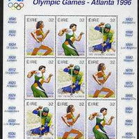 Ireland 1996 Atlanta Olympics 3 x 32p (Running, Discus & Single Kayak) sheetlet containing 3 x se-tenant strips of 3 unmounted mint, as SG 988a x 3