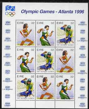 Ireland 1996 Atlanta Olympics 3 x 32p (Running, Discus & Single Kayak) sheetlet containing 3 x se-tenant strips of 3 unmounted mint, as SG 988a x 3