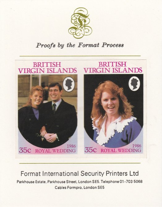 British Virgin Islands 1986 Royal Wedding (Andrew & Fergie) 35c imperf se-tenant proof pair mounted on Format International proof card as SG 605a
