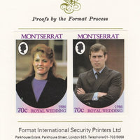 Montserrat 1986 Royal Wedding (Andrew & Fergie) 70c imperf se-tenant proof pair mounted on Format International proof card as SG 691a