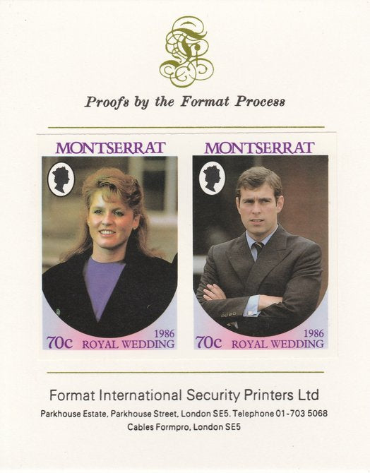 Montserrat 1986 Royal Wedding (Andrew & Fergie) 70c imperf se-tenant proof pair mounted on Format International proof card as SG 691a