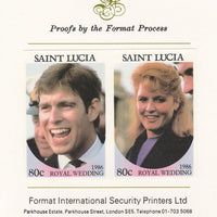 St Lucia 1986 Royal Wedding (Andrew & Fergie) 80c imperf se-tenant proof pair mounted on Format International proof card as SG 890a