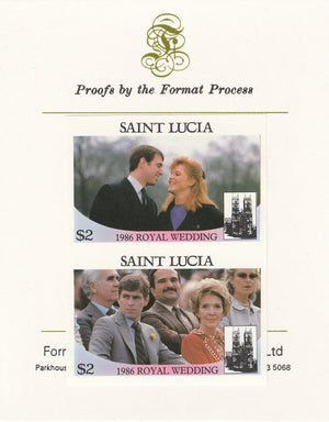 St Lucia 1986 Royal Wedding (Andrew & Fergie) $2 imperf se-tenant proof pair mounted on Format International proof card as SG 892a