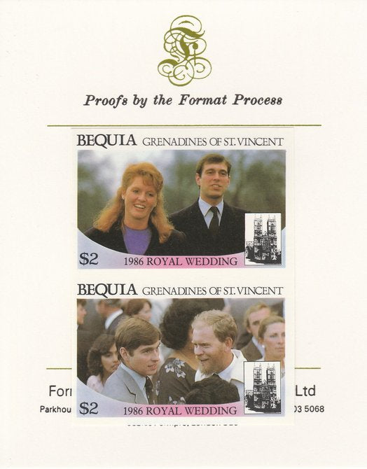 St Vincent - Bequia 1986 Royal Wedding (Andrew & Fergie) $2 imperf se-tenant proof pair mounted on Format International proof card