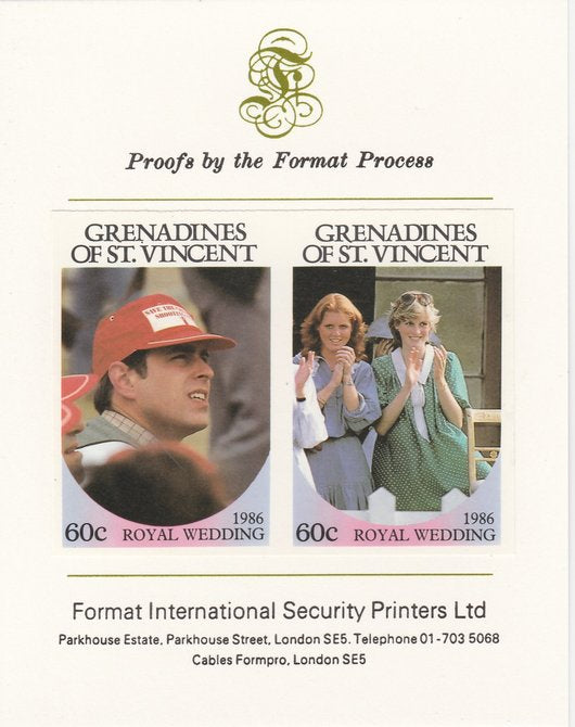 St Vincent - Grenadines 1986 Royal Wedding (Andrew & Fergie) 60c imperf se-tenant proof pair mounted on Format International proof card as SG 486a