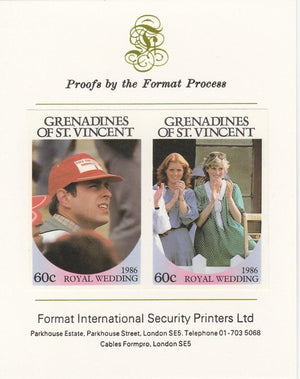 St Vincent - Grenadines 1986 Royal Wedding (Andrew & Fergie) 60c imperf se-tenant proof pair mounted on Format International proof card as SG 486a