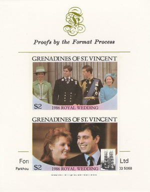 St Vincent - Grenadines 1986 Royal Wedding (Andrew & Fergie) $2 imperf se-tenant proof pair mounted on Format International proof card as SG 488a