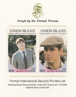 St Vincent - Union Island 1986 Royal Wedding (Andrew & Fergie) 60c imperf se-tenant proof pair mounted on Format International proof card