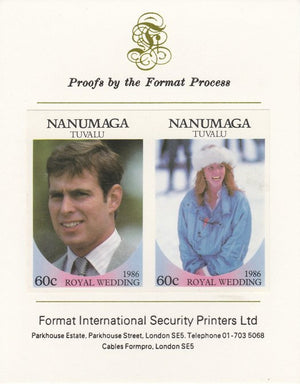 Tuvalu - Nanumaga 1986 Royal Wedding (Andrew & Fergie) 60c imperf se-tenant proof pair mounted on Format International proof card