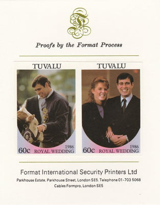 Tuvalu 1986 Royal Wedding (Andrew & Fergie) 60c imperf se-tenant proof pair mounted on Format International proof card as SG 397a