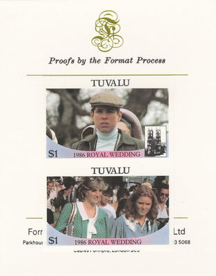 Tuvalu 1986 Royal Wedding (Andrew & Fergie) $1 imperf se-tenant proof pair mounted on Format International proof card as SG 399a