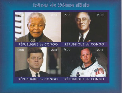 Congo 2018 Icons of the 20th Century #2 (Mandela, Roosevely, Kennedy & Neil Armstrong) imperf sheetlet containing 4 values unmounted mint. Note this item is privately produced and is offered purely on its thematic appeal.