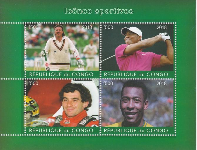 Congo 2018 Icons of Sport #1 (Botham,Tiger Woods, Senna & Pele) perf sheetlet containing 4 values unmounted mint. Note this item is privately produced and is offered purely on its thematic appeal.