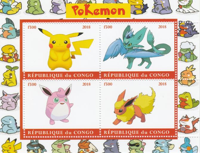Congo 2018 Pokemon #2 perf sheetlet containing 4 values unmounted mint. Note this item is privately produced and is offered purely on its thematic appeal.
