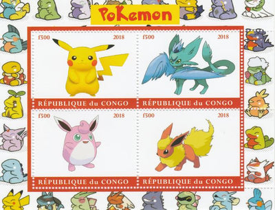 Congo 2018 Pokemon #2 perf sheetlet containing 4 values unmounted mint. Note this item is privately produced and is offered purely on its thematic appeal.