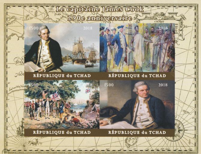 Chad 2018 290th Birth Anniversary of James Cook imperf sheetlet containing 4 values unmounted mint. Note this item is privately produced and is offered purely on its thematic appeal, it has no postal validity