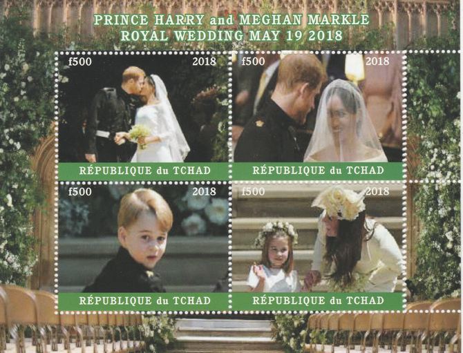 Chad 2018 Royal Wedding #1 Harry & Meghan perf sheetlet containing 4 values unmounted mint. Note this item is privately produced and is offered purely on its thematic appeal, it has no postal validity