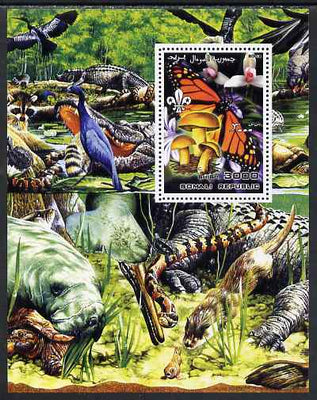 Somalia 2002 Butterflies, Orchids & Fungi #1 perf m/sheet with Scout Logo & various animals in background, unmounted mint