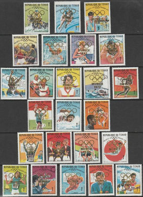 Chad 1972 Munich Olympic Gold Medal Winners overprinted on 1969 Mexico Olympics set of 24 complete unmounted mint Sc 244 A-X Note fine perforation shift on the cycling value