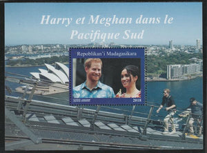 Madagascar 2018 Harry & Meghan South Pacific Tour perf souvenir sheet unmounted mint. Note this item is privately produced and is offered purely on its thematic appeal.