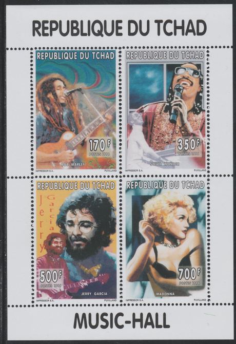 Chad 1996 Music Hall perf sheetlet containing 4 values (Bob Marley, Stevie Wonder, Jerry Garcia & Madonna)unmounted mint