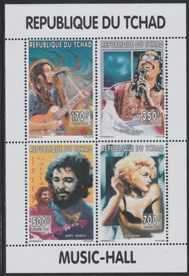 Chad 1996 Music Hall perf sheetlet containing 4 values (Bob Marley, Stevie Wonder, Jerry Garcia & Madonna)unmounted mint