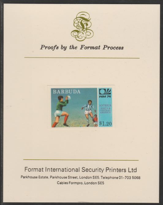 Barbuda 1974 World Cup Football $1.20 imperf proof mounted on Format International proof card (as SG 169)