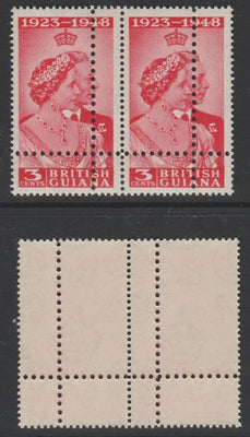 British Guiana 1949 Royal Silver Wedding 3c horizontal pair with perforations doubled, unmounted mint. Note: the stamps are genuine but the additional perfs are a slightly different gauge identifying it to be a forgery.